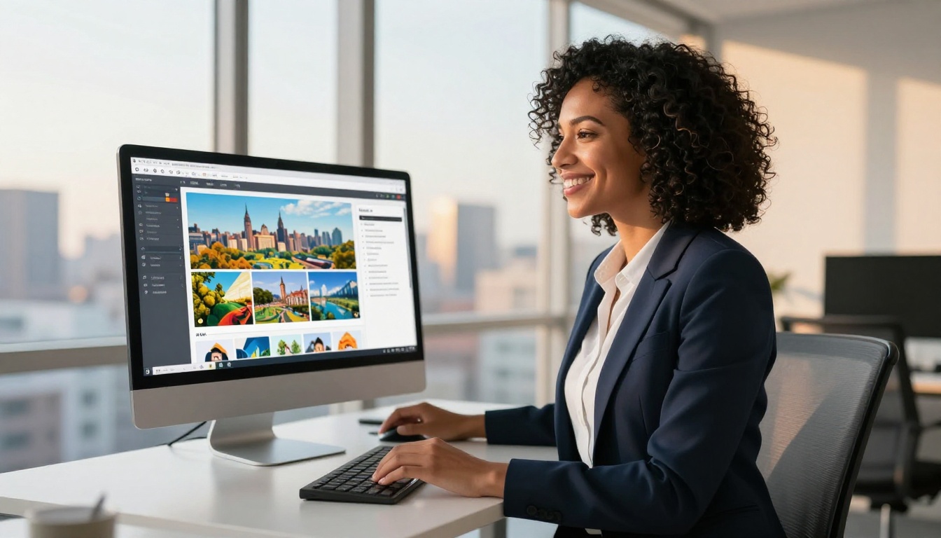 Professional woman smiling at a completed flipbook displayed on a large office monitor with a blurred city view bokeh Professional woman smiling at a completed flipbook displayed on a large office monitor with a blurred city view bokeh