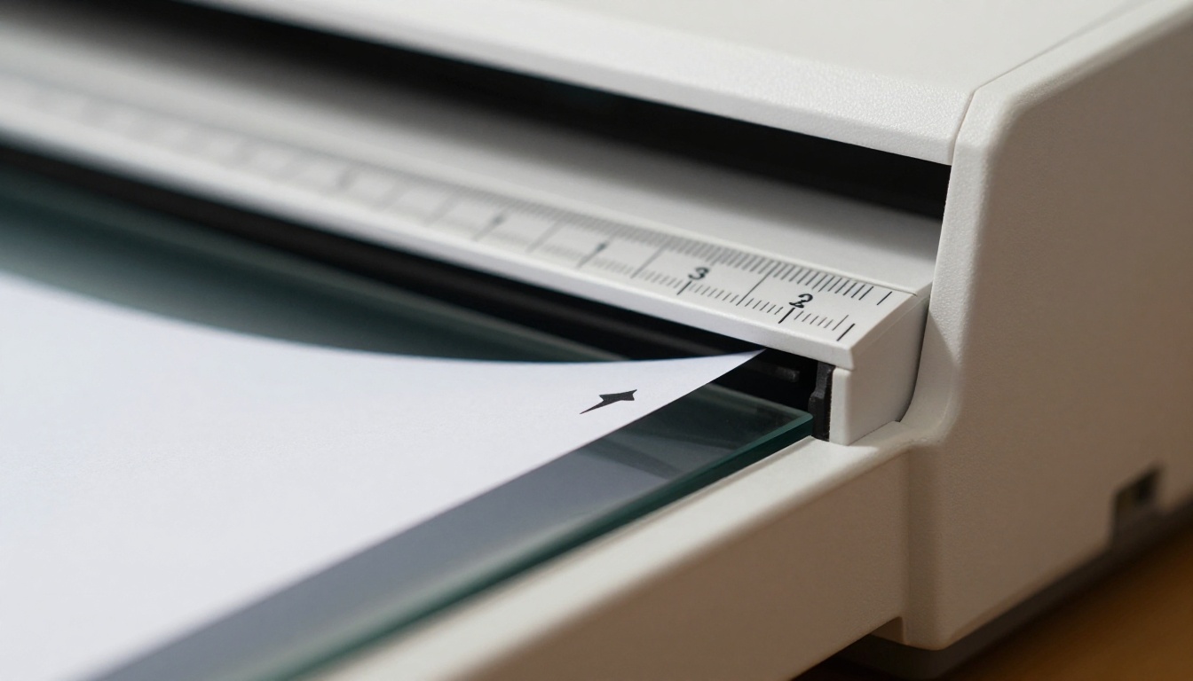Scanner alignment area showing misaligned document with paper edge crossing ruler markings at a tilt Scanner alignment area showing misaligned document with paper edge crossing ruler markings at a tilt