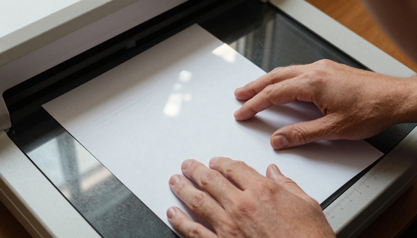 Hands carefully placing and adjusting a white document on flatbed scanner glass from an aerial perspective Hands carefully placing and adjusting a white document on flatbed scanner glass from an aerial perspective