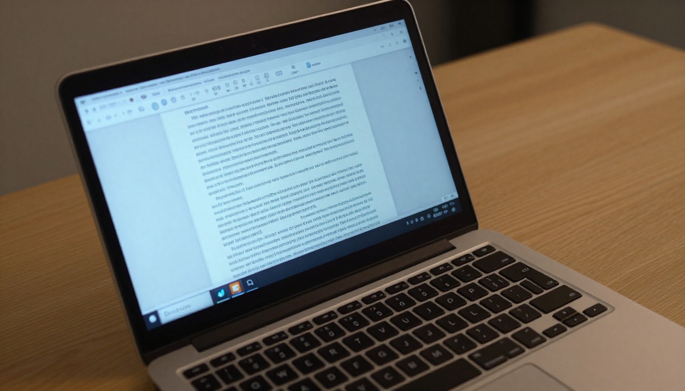 Laptop screen showing PDF reader with a visibly rotated document page, text lines running diagonally across the display Laptop screen showing PDF reader with a visibly rotated document page, text lines running diagonally across the display