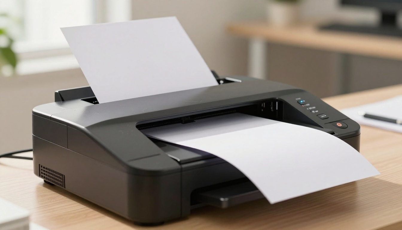Professional ADF scanner with paper mid-feed showing slight misalignment as a sheet enters the feeder mechanism Professional ADF scanner with paper mid-feed showing slight misalignment as a sheet enters the feeder mechanism