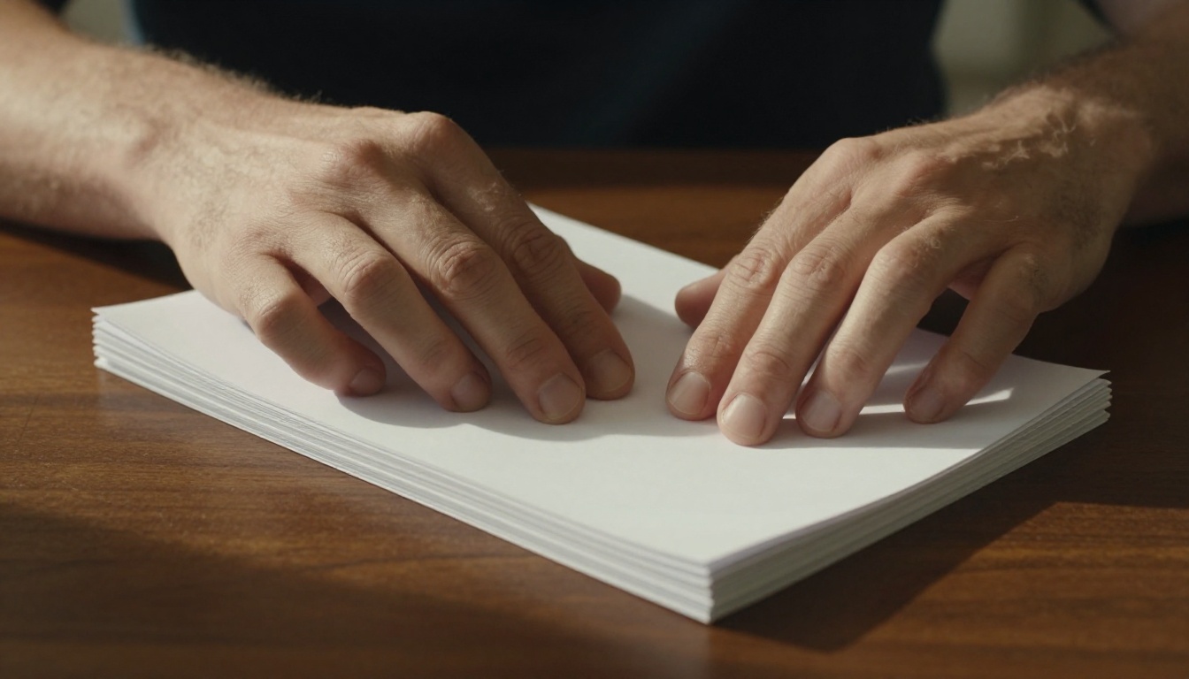 Hands tapping and squaring a stack of white paper on a dark walnut desk surface with warm directional morning light Hands tapping and squaring a stack of white paper on a dark walnut desk surface with warm directional morning light