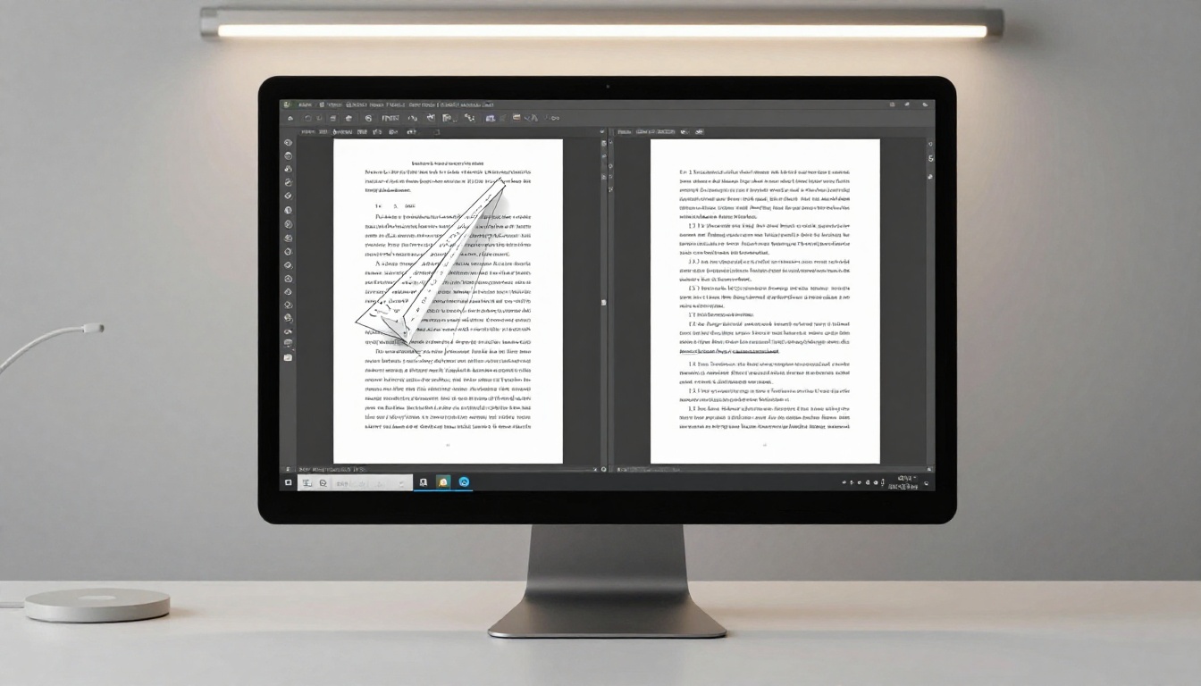 Desktop monitor showing a side-by-side comparison of a crooked scan versus a corrected straight scan document in a PDF editor Desktop monitor showing a side-by-side comparison of a crooked scan versus a corrected straight scan document in a PDF editor