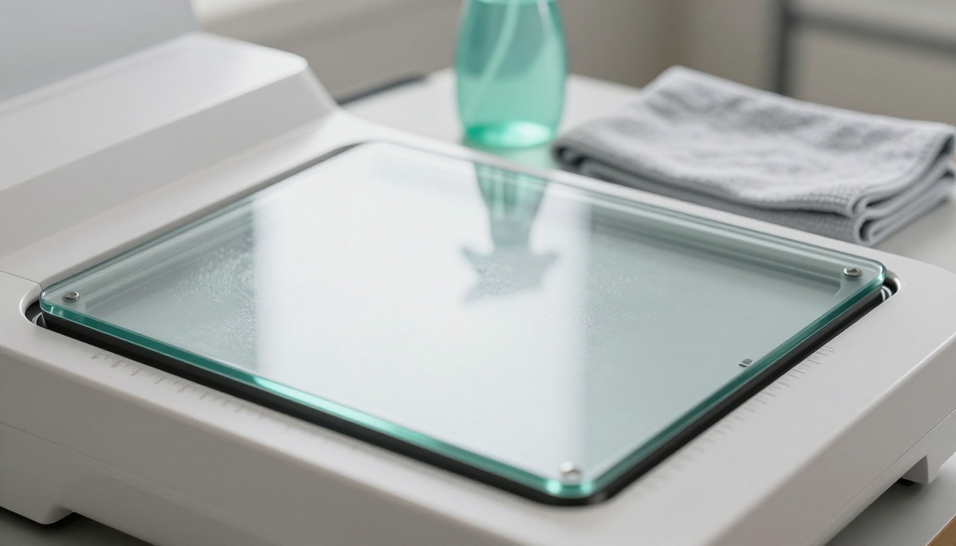Close-up of flatbed scanner glass platen with microfiber cleaning cloth beside it, emphasizing clean glass for accurate scans Close-up of flatbed scanner glass platen with microfiber cleaning cloth beside it, emphasizing clean glass for accurate scans