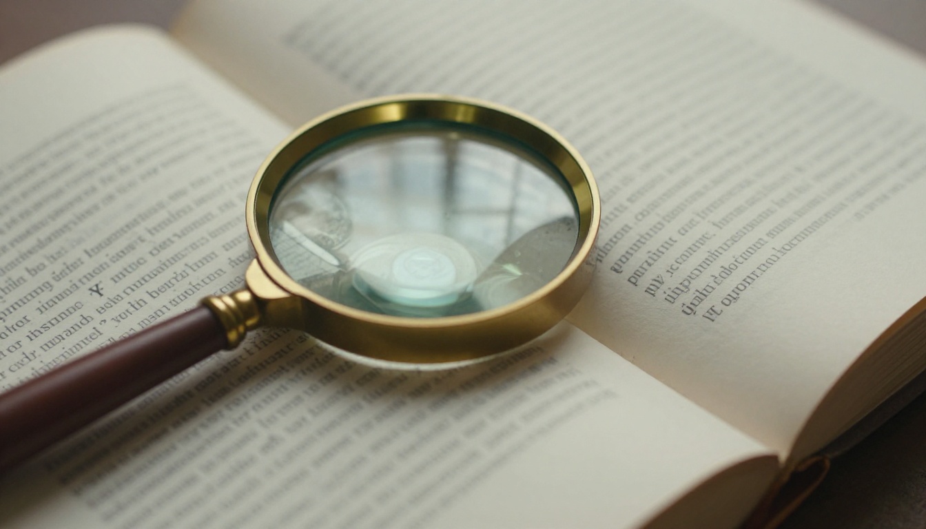 Open book pages with a magnifying glass resting across them in warm natural light