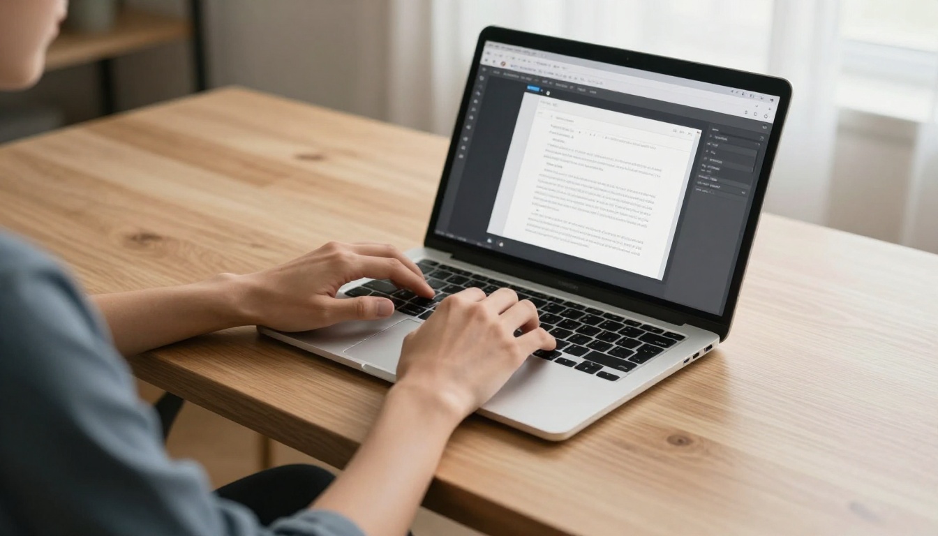 Person using a laptop to rotate and correct a PDF document in editing software, warm natural home office light from the side Person using a laptop to rotate and correct a PDF document in editing software, warm natural home office light from the side