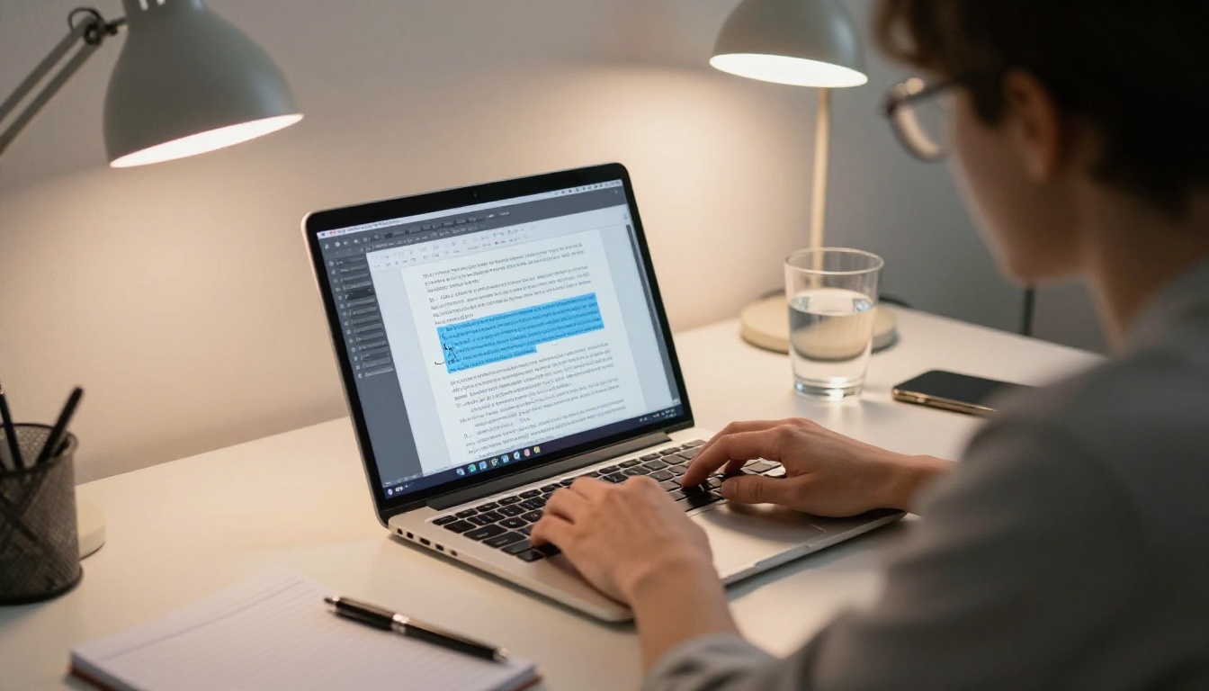 Professional reviewing a PDF document on a laptop with text highlighted