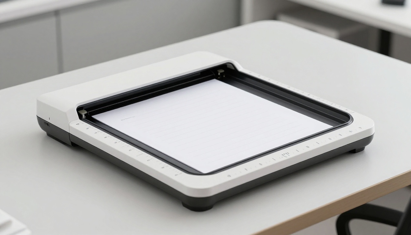 Perfectly aligned white document placed on a flatbed scanner with lid fully open from above, ideal scanning setup Perfectly aligned white document placed on a flatbed scanner with lid fully open from above, ideal scanning setup