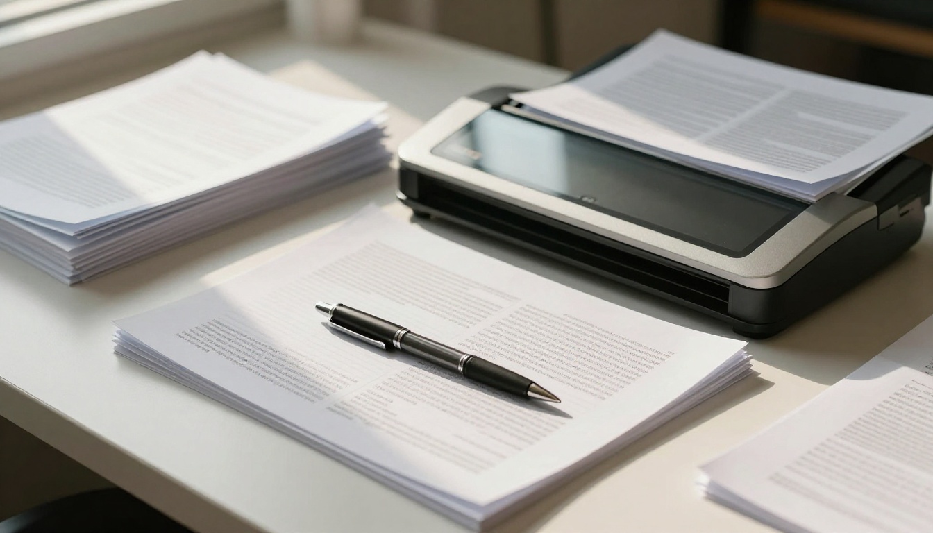 Flatlay of printed documents beside a flatbed scanner on a white desk