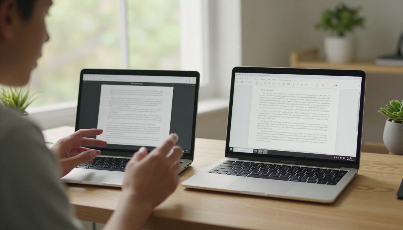 Person comparing two laptop screens showing image-based and text-based documents