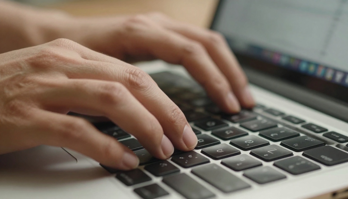 Close-up of hands typing on a laptop keyboard with a digital publication on screen