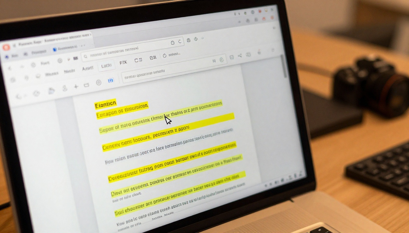 Computer monitor displaying search results with highlighted text passages