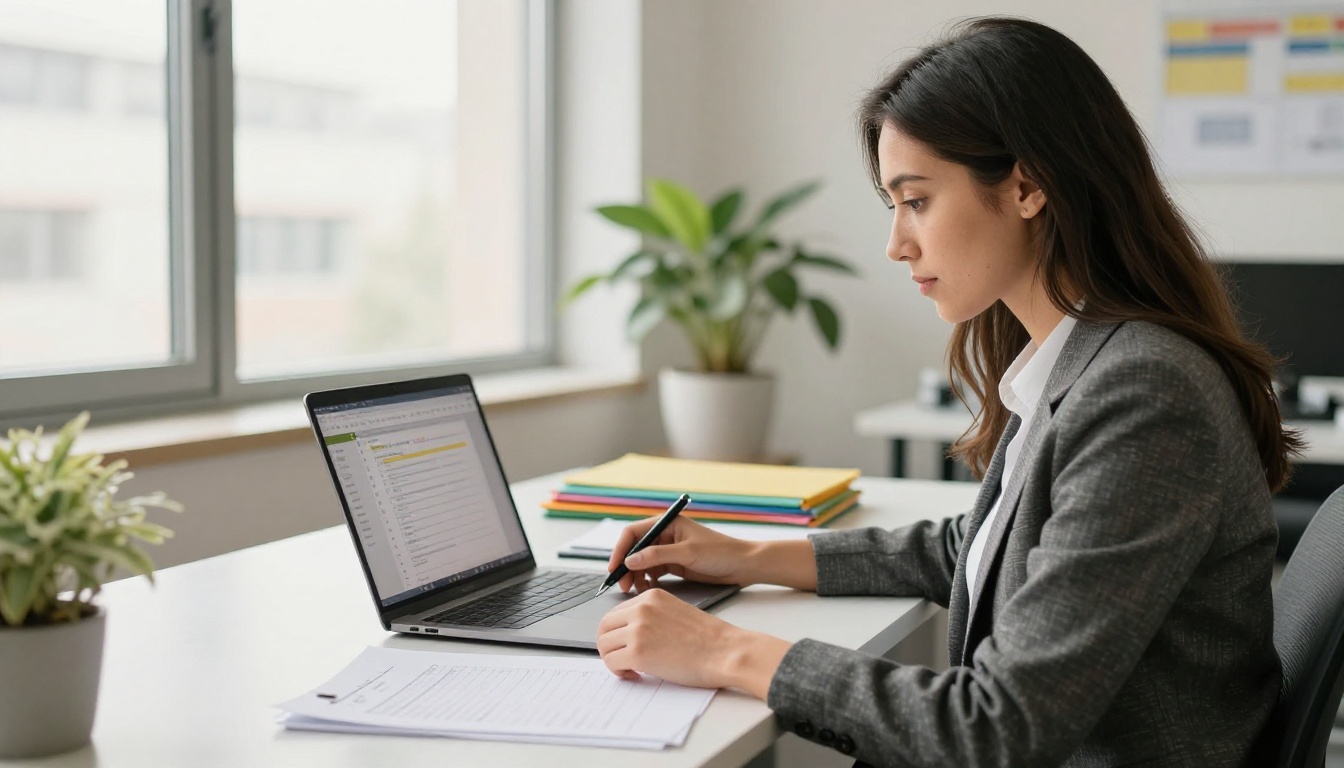 Professional woman at a modern office desk reviewing PDF export settings