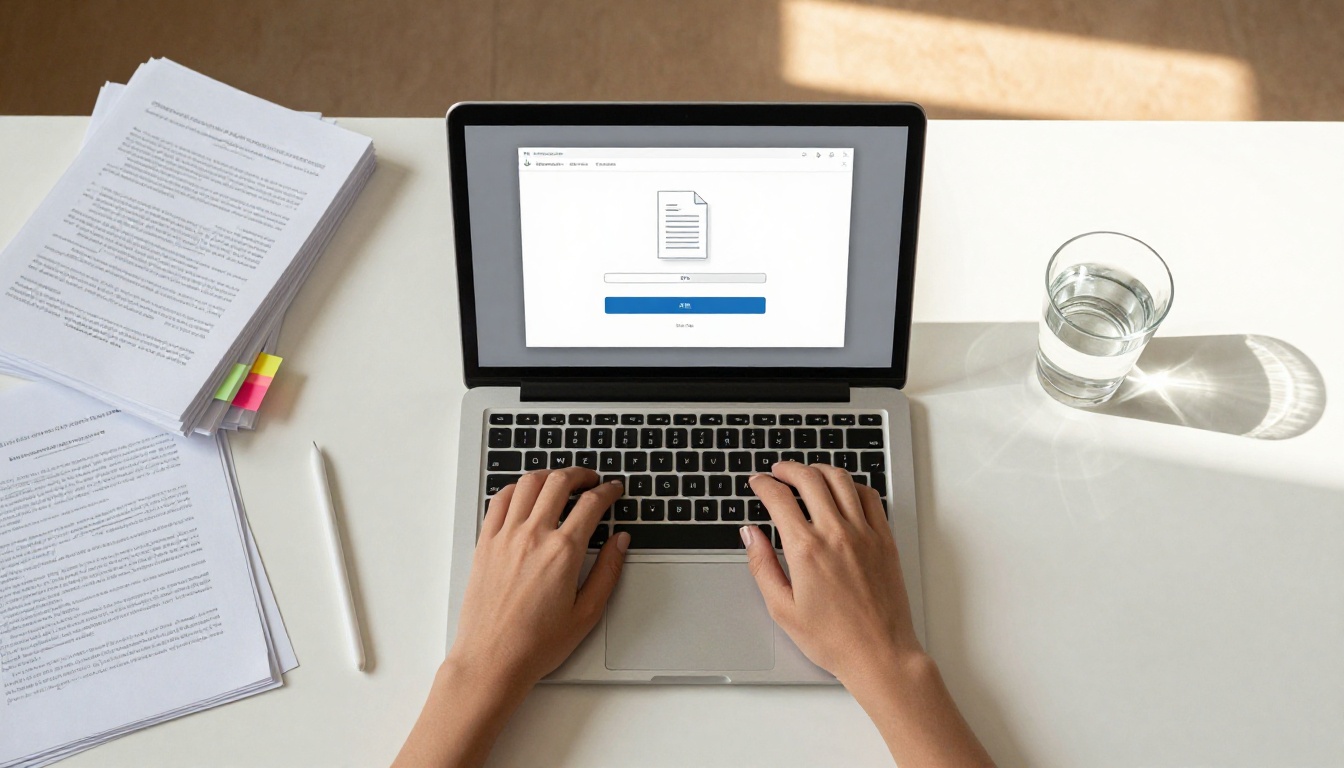 Woman uploading a new PDF file to a flipbook platform on her laptop with progress bar visible Woman uploading a new PDF file to a flipbook platform on her laptop with progress bar visible