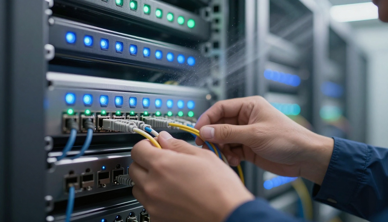 Data center server rack with CDN infrastructure and technician adjusting cables