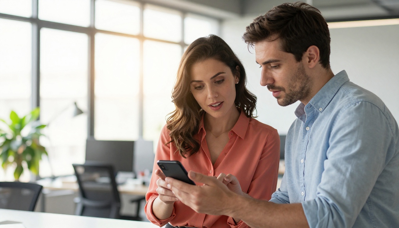 Two colleagues sharing a flipbook link on a smartphone in a modern office