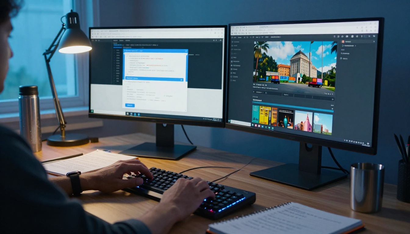 Developer updating embed code on a website builder with dual monitors at a standing desk