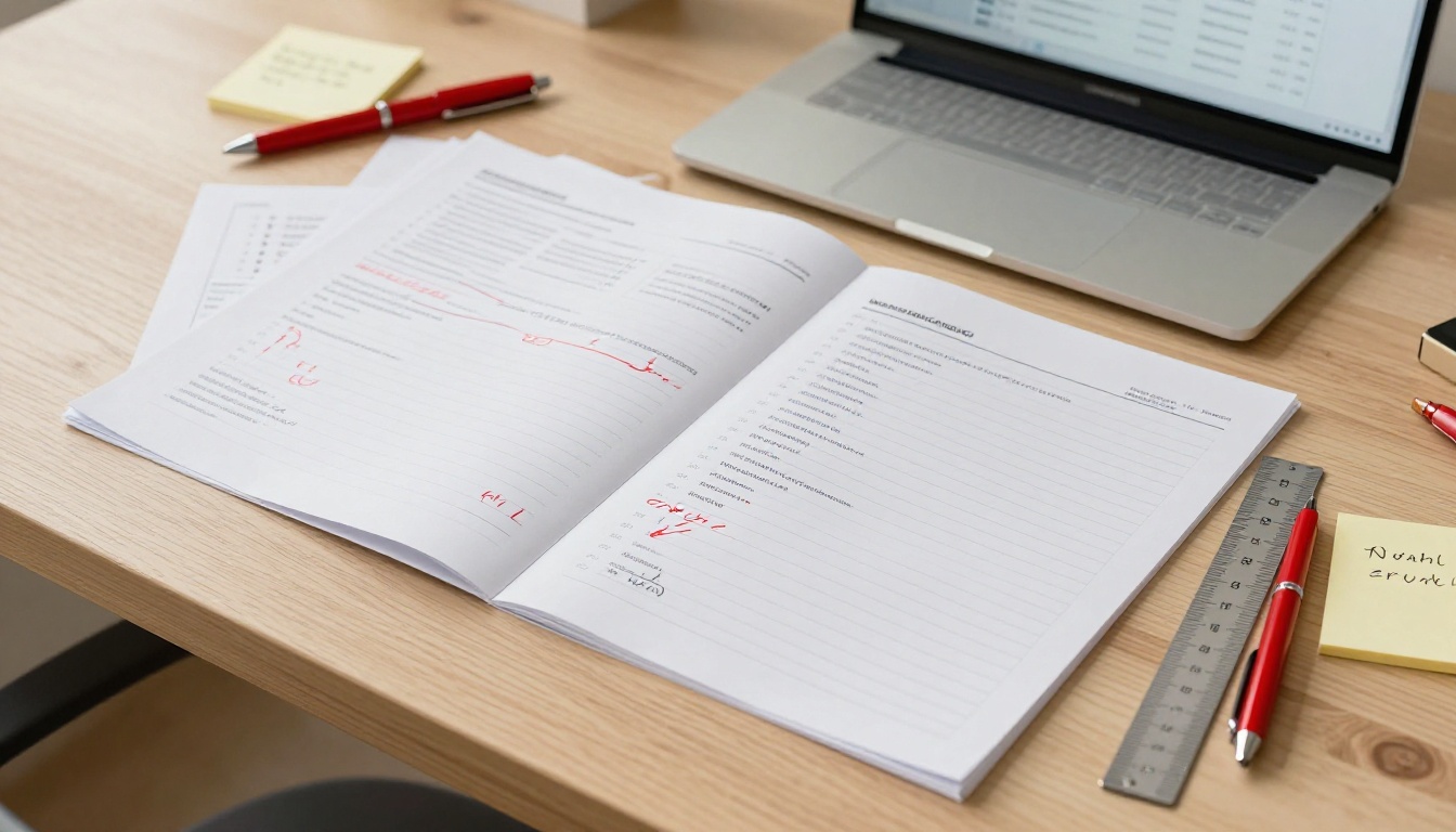 Overhead flat-lay of document pages with red revision marks and version notes on a wooden desk Overhead flat-lay of document pages with red revision marks and version notes on a wooden desk