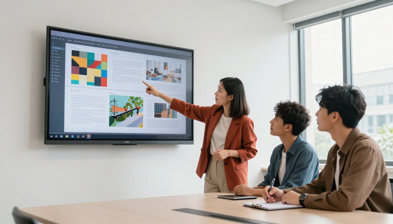 Team reviewing an updated digital flipbook on a wall-mounted screen in a bright meeting room Team reviewing an updated digital flipbook on a wall-mounted screen in a bright meeting room