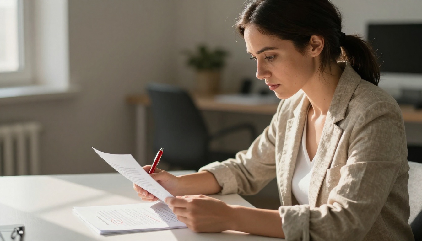 Focused professional woman reviewing a printed document with a red pen, marking the specific page that needs replacement Focused professional woman reviewing a printed document with a red pen, marking the specific page that needs replacement