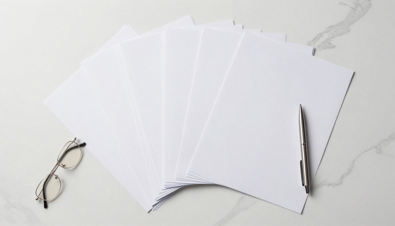 Aerial overhead view of multiple A4 documents spread on a marble desk, with one page lifted and offset from the neat stack Aerial overhead view of multiple A4 documents spread on a marble desk, with one page lifted and offset from the neat stack