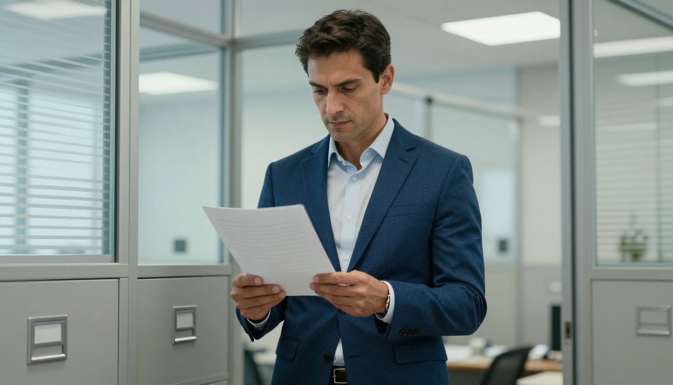 Low-angle shot of a professional in a navy suit holding a single printed page at eye level, representing the precision of targeted page replacement Low-angle shot of a professional in a navy suit holding a single printed page at eye level, representing the precision of targeted page replacement