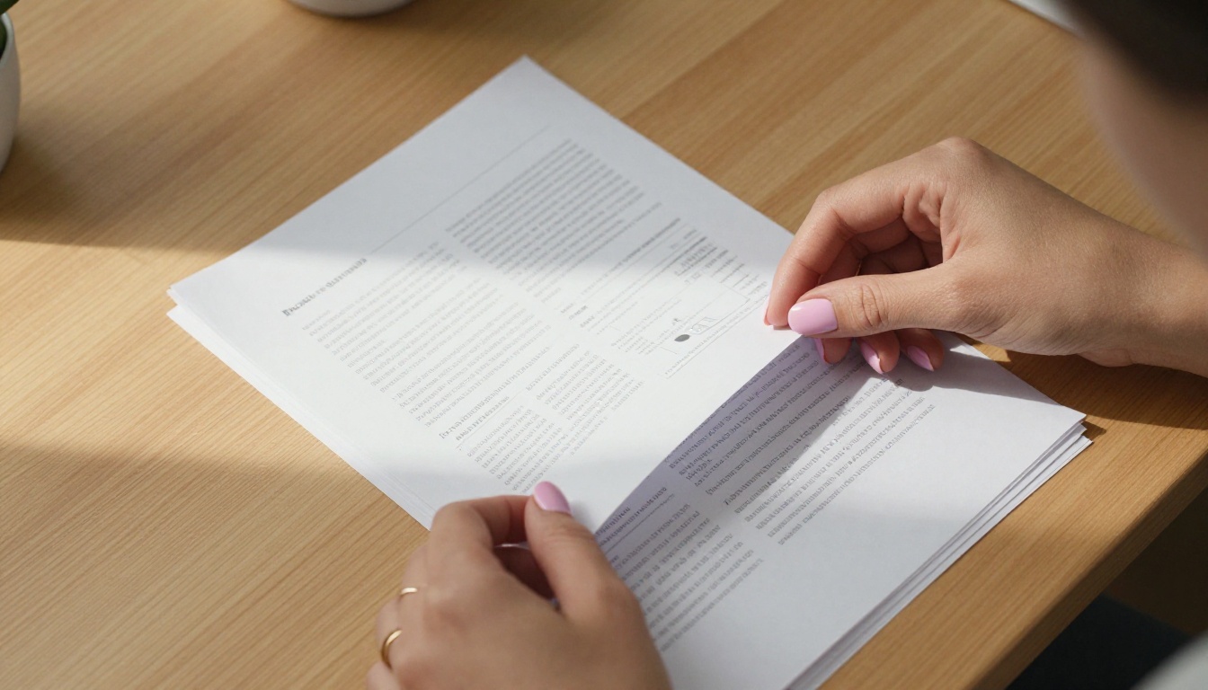 Overhead view of a woman's hands sliding a replacement page into precise position within a neat document stack