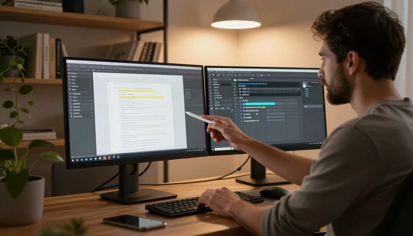 Side profile of a graphic designer at a dual-monitor workstation, pointing at a document layout with a stylus pen