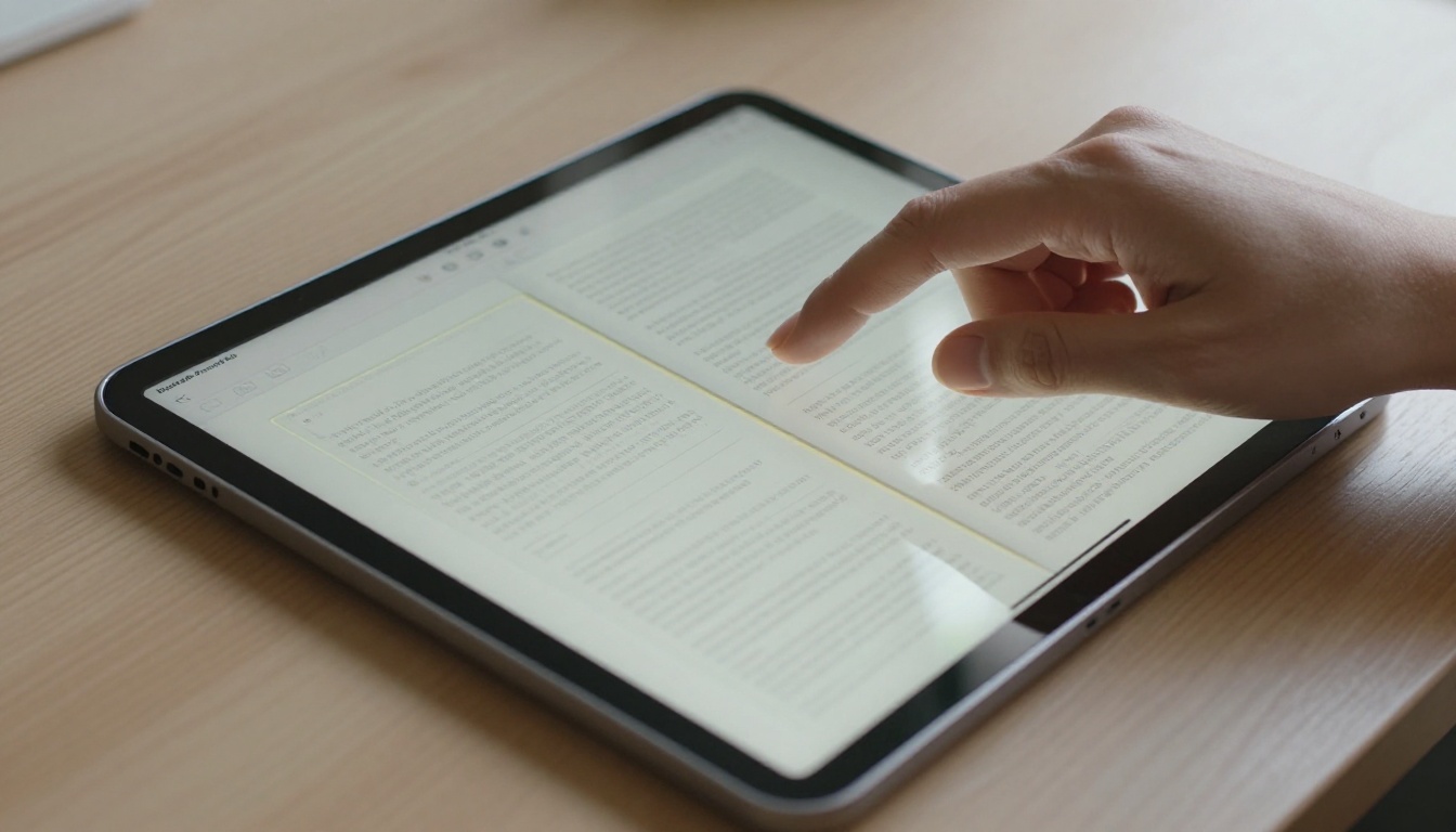Close-up of a tablet displaying a digital flipbook with one page visually highlighted, a hand hovering above the screen