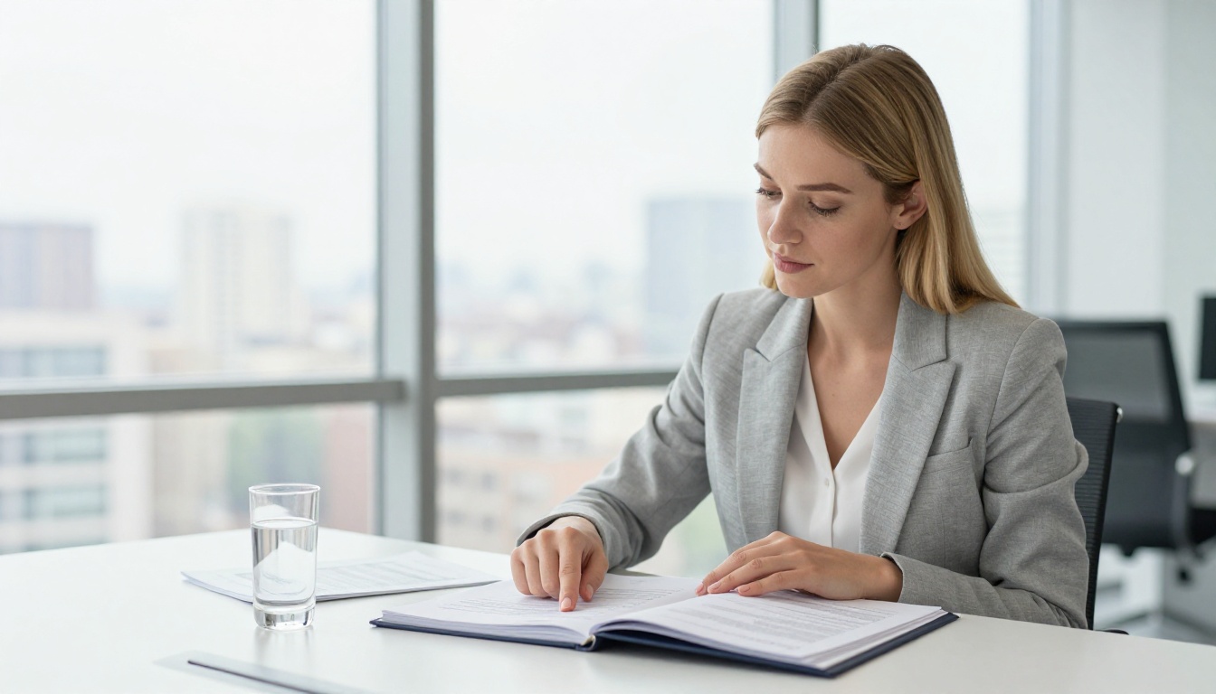 Professional woman at a bright conference table pointing to a specific page in a binder, large windows showing a soft city view behind her