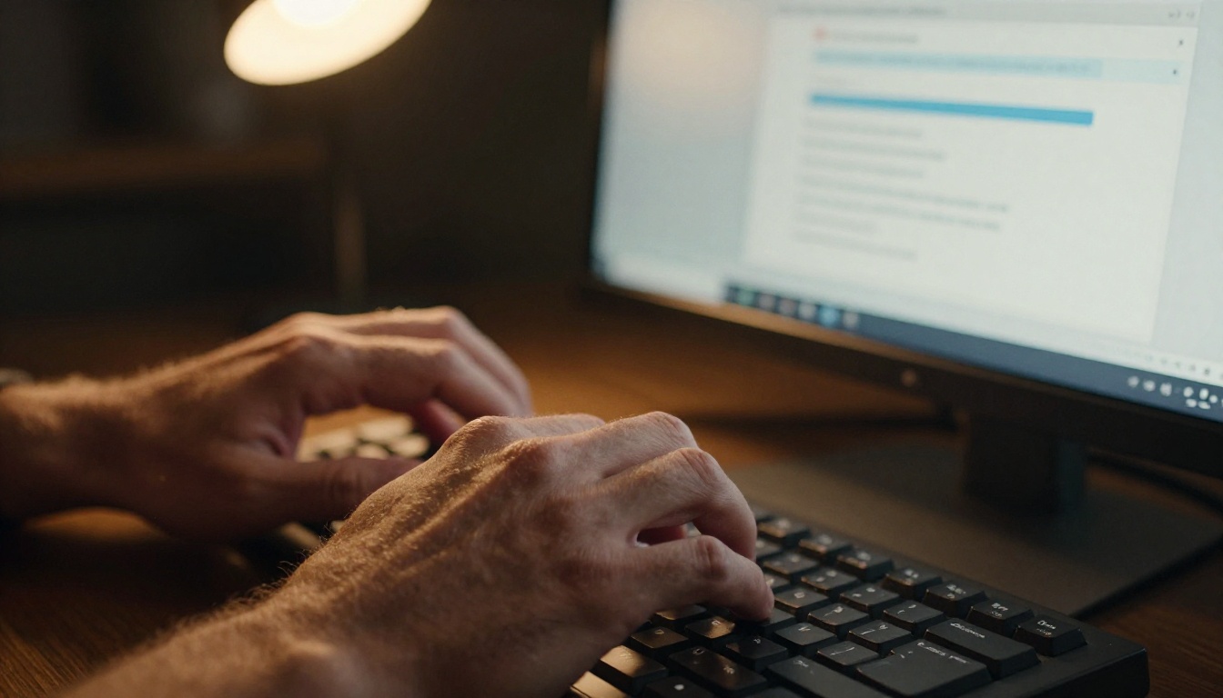 Hands typing an email with a hyperlink visible on the monitor