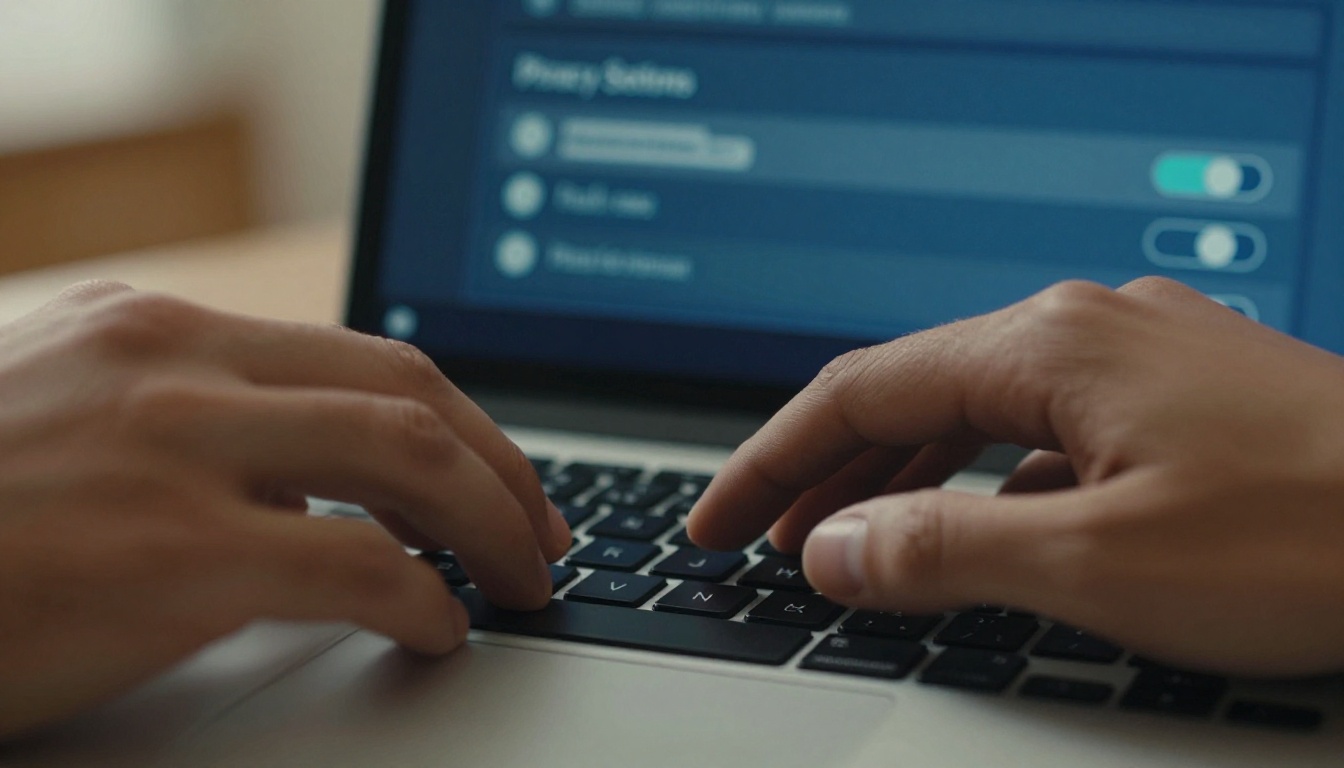 Hands adjusting privacy toggle settings on a laptop screen Hands adjusting privacy toggle settings on a laptop screen