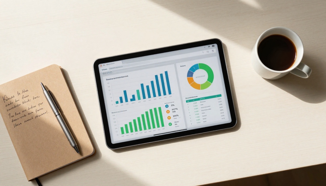 Email analytics dashboard viewed from aerial perspective with notebook and coffee