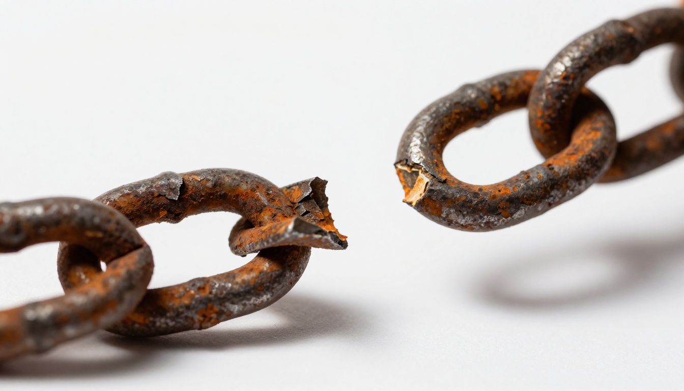 A rusted metal chain link broken in two pieces representing a broken share link A rusted metal chain link broken in two pieces representing a broken share link