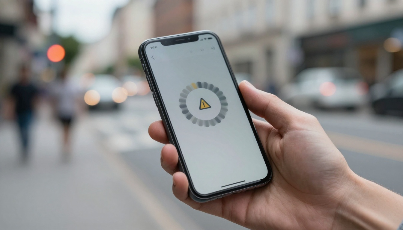Hand holding a smartphone showing a loading error page with a frozen spinner Hand holding a smartphone showing a loading error page with a frozen spinner