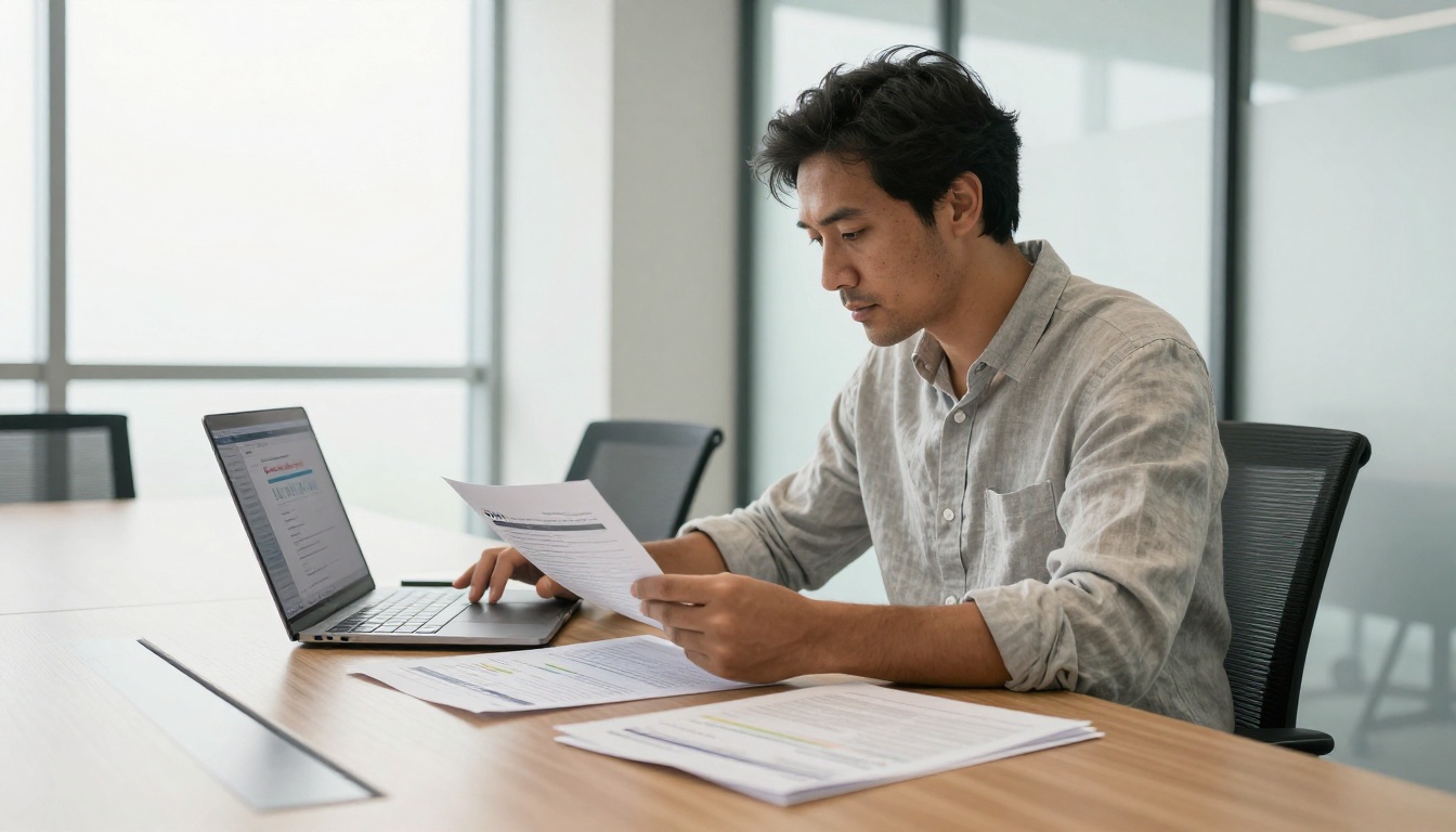 Professional reviewing email campaign reports spread across a conference table