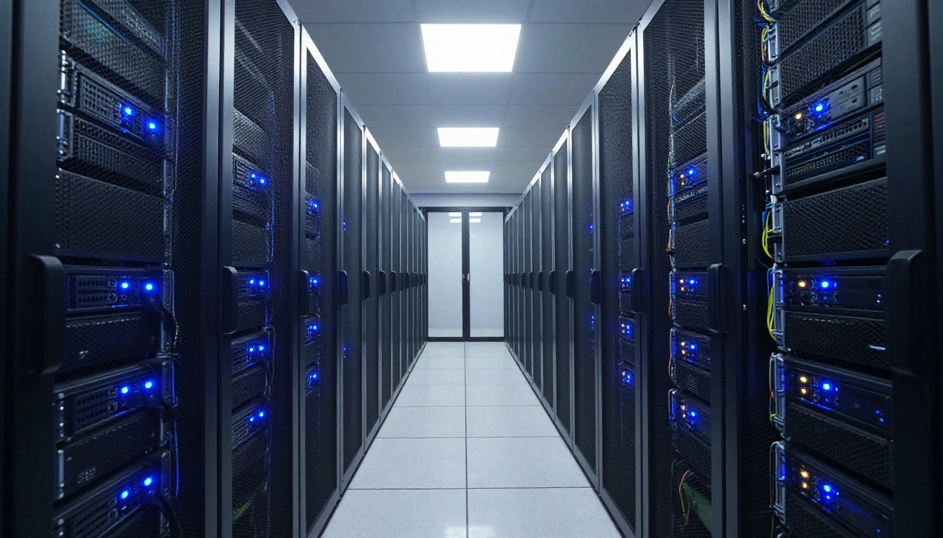 Interior of a corporate server room with rows of rack-mounted servers and blue indicator lights Interior of a corporate server room with rows of rack-mounted servers and blue indicator lights