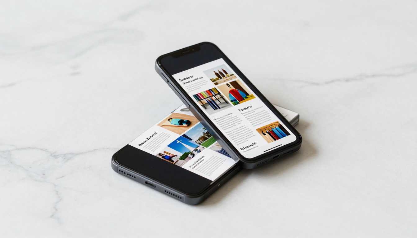 Smartphone displaying a digital flipbook on a white marble desk