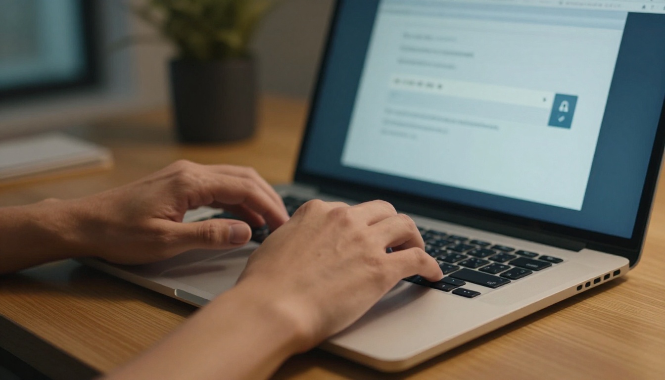 Close-up of hands typing on a laptop with a password dialog box visible on screen Close-up of hands typing on a laptop with a password dialog box visible on screen