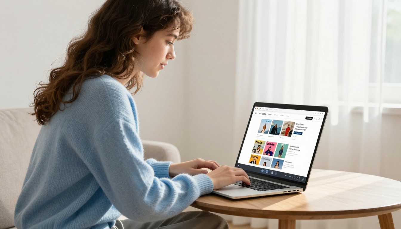 Woman working on a laptop with a flipbook embedded on a website in a bright living room