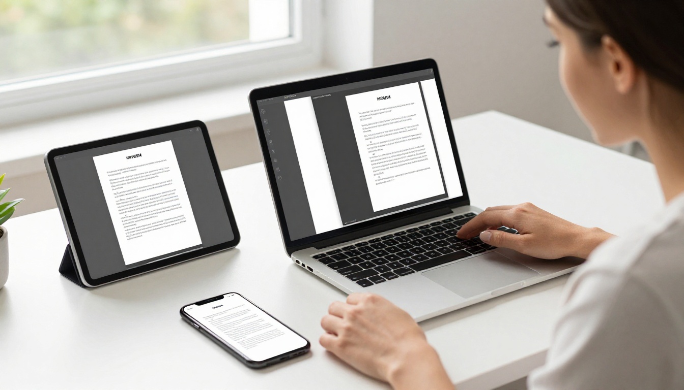 Young professional woman testing a flipbook on a laptop, tablet, and smartphone simultaneously Young professional woman testing a flipbook on a laptop, tablet, and smartphone simultaneously