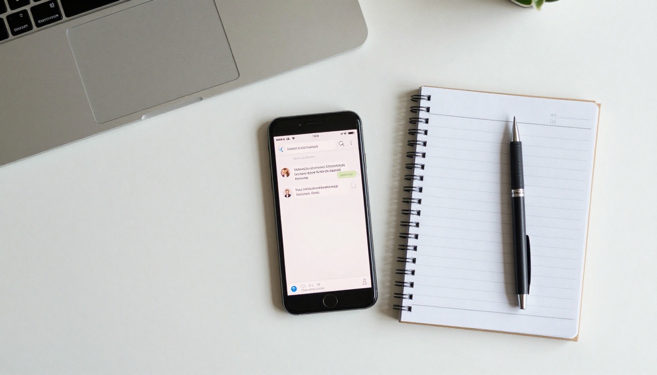 Aerial top-down flat lay of a desk with a phone showing a shared link in a messaging app Aerial top-down flat lay of a desk with a phone showing a shared link in a messaging app