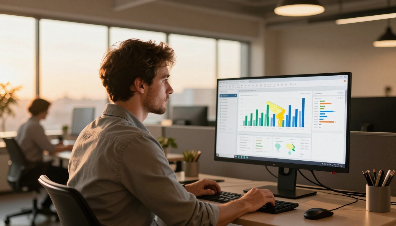 Man at a standing desk in an open office viewing an analytics dashboard with engagement charts Man at a standing desk in an open office viewing an analytics dashboard with engagement charts