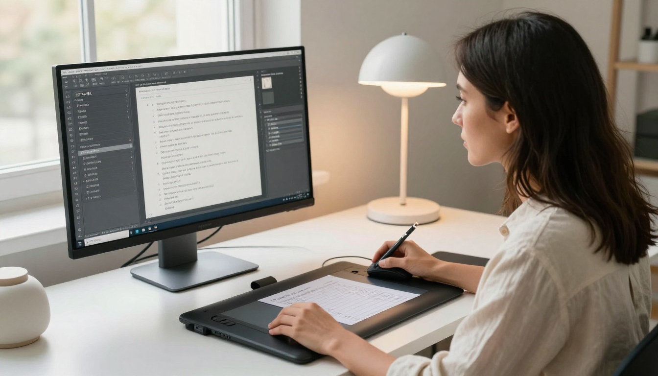 Graphic designer reviewing PDF export settings at a professional workstation