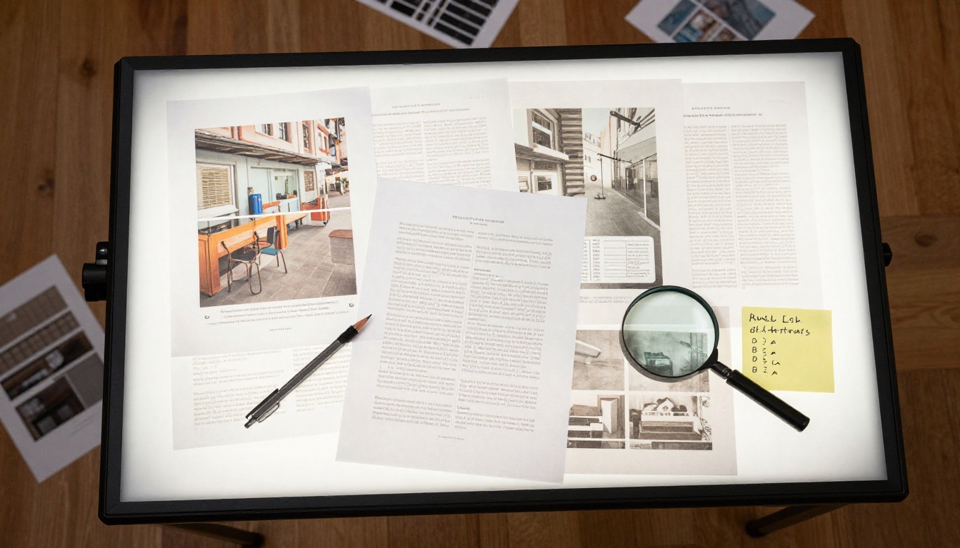 Light table with printed pages showing varying quality levels side by side