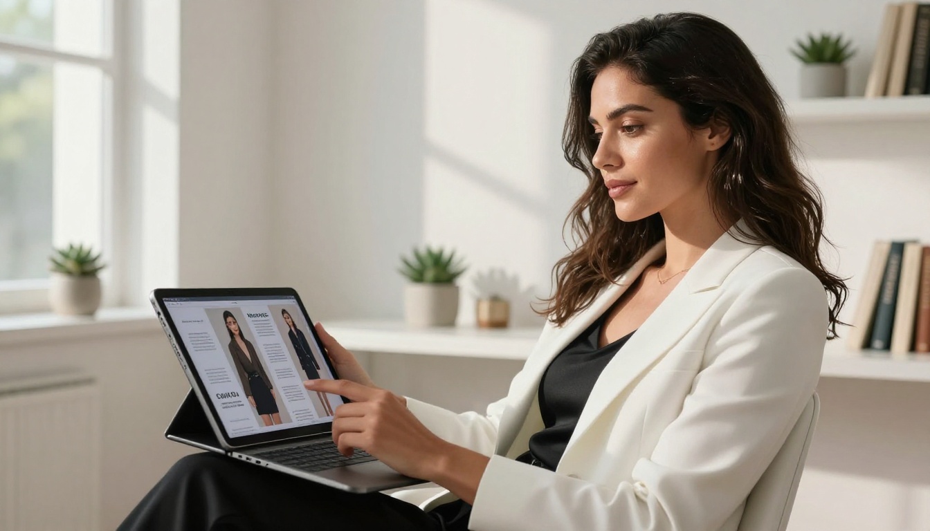 Professional woman reviewing a high-quality digital flipbook on iPad in a bright home office