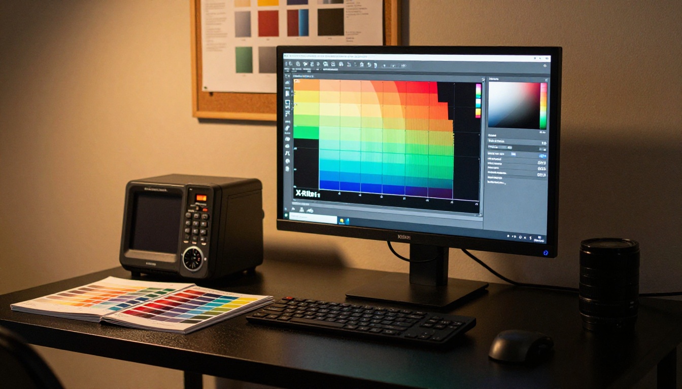 Professional color calibration workstation with ICC profile comparison on monitor Professional color calibration workstation with ICC profile comparison on monitor