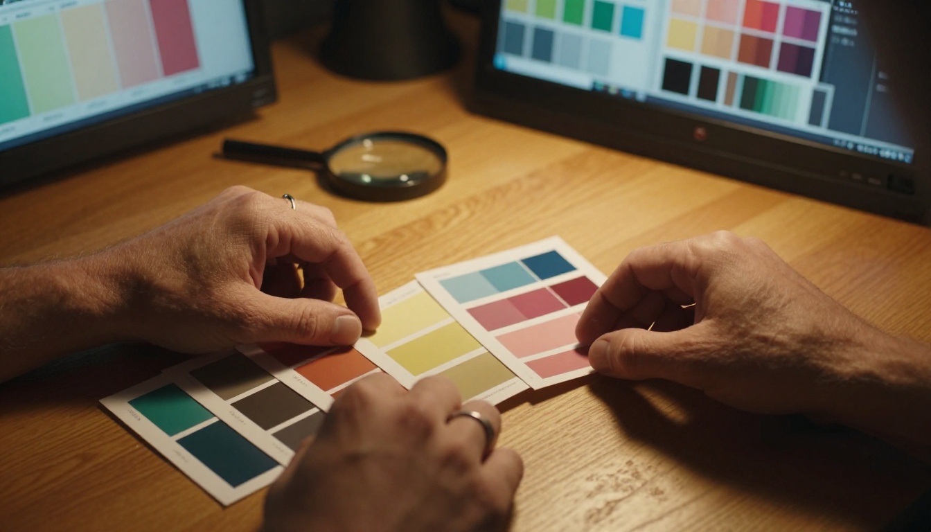 Hands comparing printed color swatches against digital monitor display showing color mismatch Hands comparing printed color swatches against digital monitor display showing color mismatch