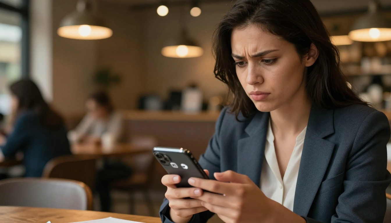 Person frustrated tapping a phone showing unresponsive flipbook buttons in a warm cafe setting