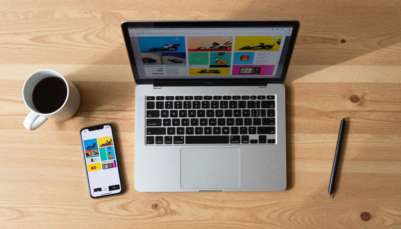 Overhead flat-lay of a smartphone and laptop placed side by side both displaying the same flipbook